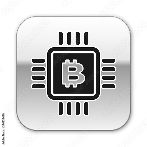 Black CPU mining farm icon isolated on white background. Bitcoin sign inside microchip. Cryptocurrency mining community. Digital money. Silver square button. Vector Illustration