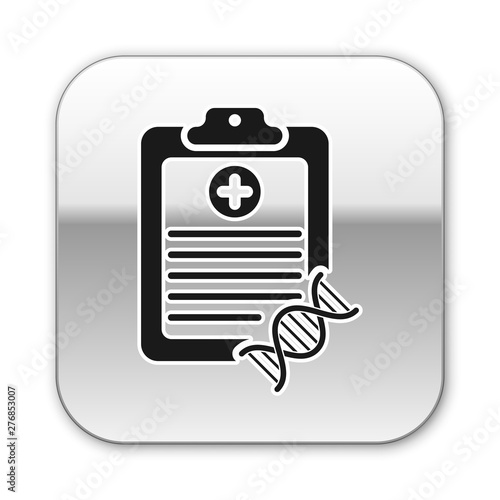 Black Clipboard with DNA analysis icon isolated on white background. Genetic engineering, genetics testing, cloning, paternity testing. Silver square button. Vector Illustration