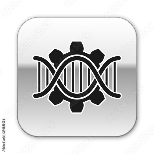 Black Genetic engineering icon isolated on white background. DNA analysis, genetics testing, cloning, paternity testing. Silver square button. Vector Illustration