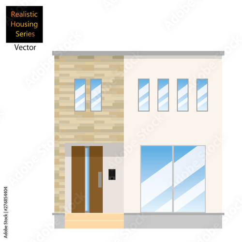 一戸建て、一軒家のイラスト（二階建て）_マイホーム、木造住宅_白系タイル