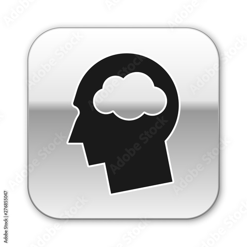 Black Head silhouette with cloud icon isolated on white background. Dreaming sign. Silver square button. Vector Illustration