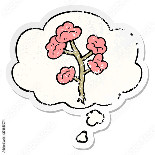 cartoon flowers and thought bubble as a distressed worn sticker