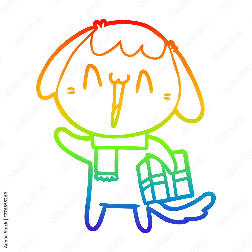 rainbow gradient line drawing cute cartoon dog with christmas present rainbow gradient line drawing cute cartoon dog with christmas present