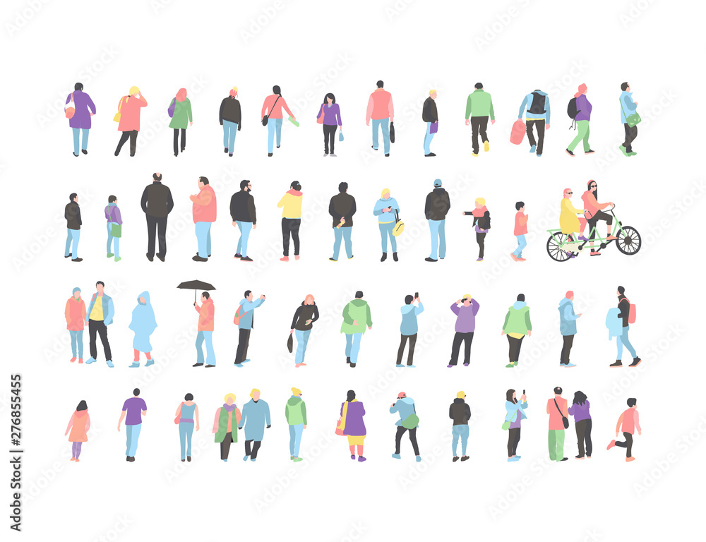 Set crowd of people characters performing various activities. Group of men and women flat design style cartoon characters