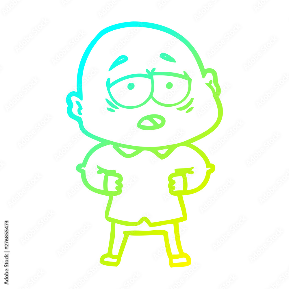 cold gradient line drawing cartoon tired bald man