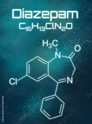 Chemical formula of Diazepam on a futuristic background
