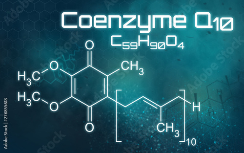 Chemical formula of Coenzyme Q10 on a futuristic background