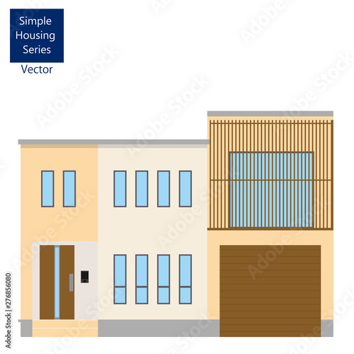 一戸建て、一軒家のイラスト（二階建て・ガレージ・サンデッキ）_マイホーム、木造住宅_シンプルな家のイラスト