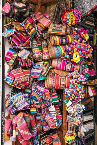  Traditional handcrafts on the market in main street of Uyuni, Bolivia.