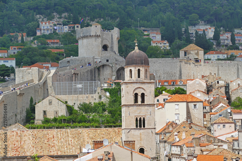 Aerial view of Dubrovnik Old Town with historic defense stone walls, Croatia