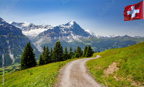 Swiss beauty, path and meadows above Grindelwald valley, Bernese Oberland,Switzerland,Europe photo