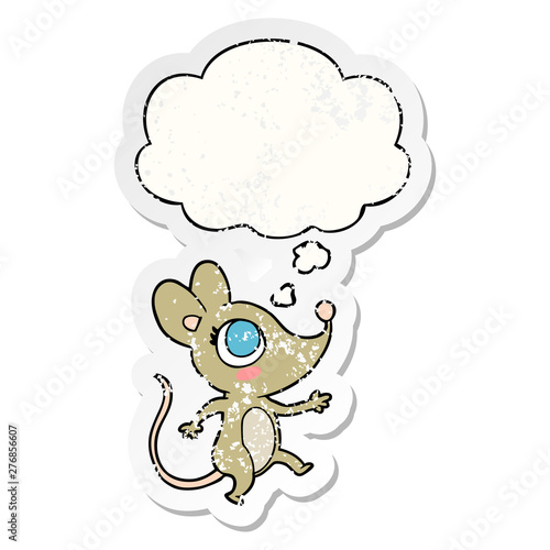 cartoon mouse and thought bubble as a distressed worn sticker