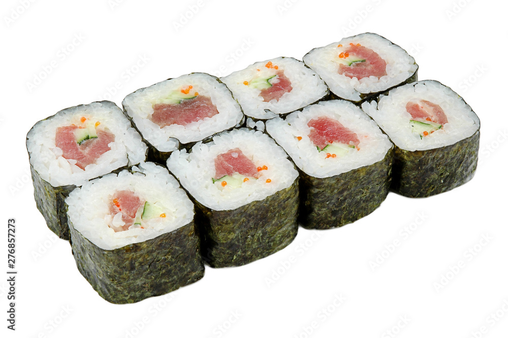 Sushi rolls isolated on white background. Closeup of delicious japanese food sushi roll. Sushi rolls isolated on white background. Closeup of delicious japanese food sushi roll.