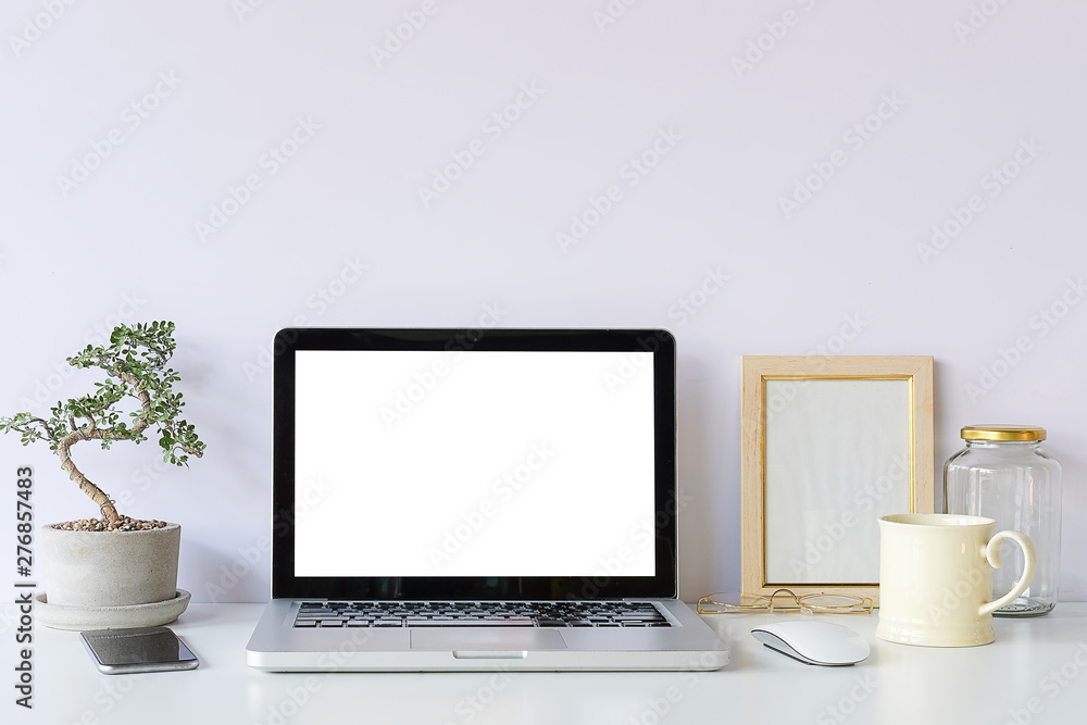 Workspace desk and laptop. copy space and blank screen. Business image, Blank screen laptop and supplies. Workspace desk and laptop. copy space and blank screen. Business image, Blank screen laptop and supplies.