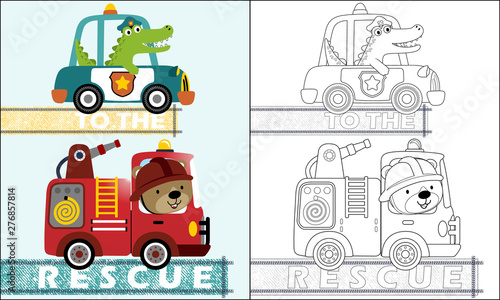coloring book or page with rescue team cartoon with funny driver