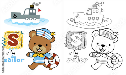 coloring book or page of bear cartoon sailor with little boat