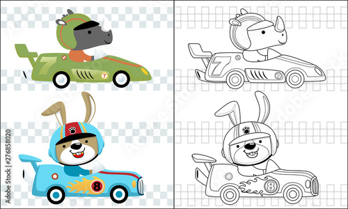coloring book or page of race car cartoon with funny racer photo