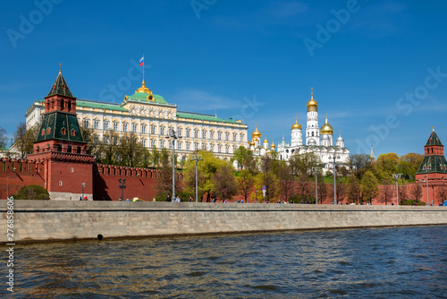 Moscow, Russia - May 6, 2019: View of the Moscow Kremlin and the Kremlin Embankment of Moscow River on a summer day