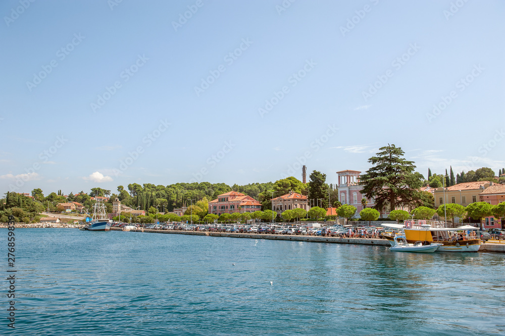 Beautiful and cozy medieval town of Rovinj, colorful with houses and church in Croatia, Europe