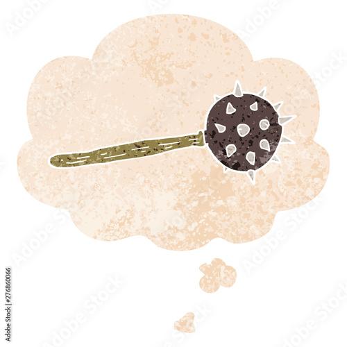 cartoon medieval mace and thought bubble in retro textured style