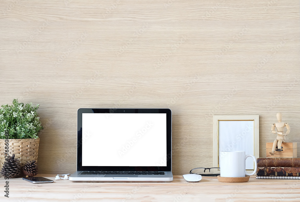 Workspace desk and mockup laptop. copy space and blank screen. Business image, Blank screen laptop and supplies. Workspace desk and mockup laptop. copy space and blank screen. Business image, Blank screen laptop and supplies.