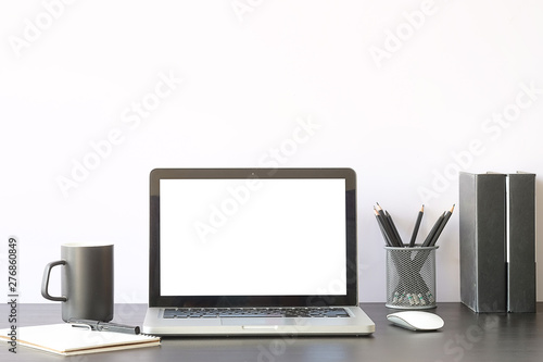 Workspace desk and mockup laptop. copy space and blank screen. Business image, Blank screen laptop and supplies.