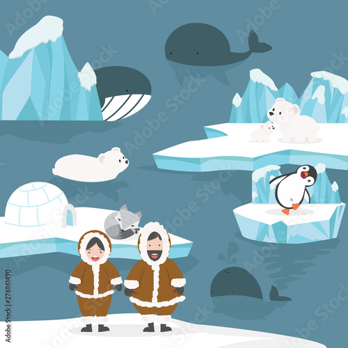 Animals and people arctic cartoon background