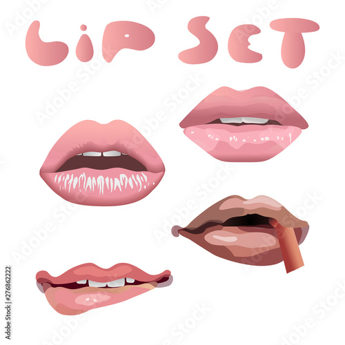 Set of female pink attractive lips. Lips with slightly parted teeth, lips with an open mouth, biting the lower lip, lips with a straw in the mouth on a white background