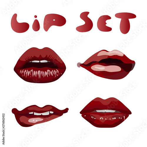 Set of female red attractive lips. Lips with slightly parted teeth, lips with an open mouth, biting the lower lip, lips with a straw in the mouth on a white background