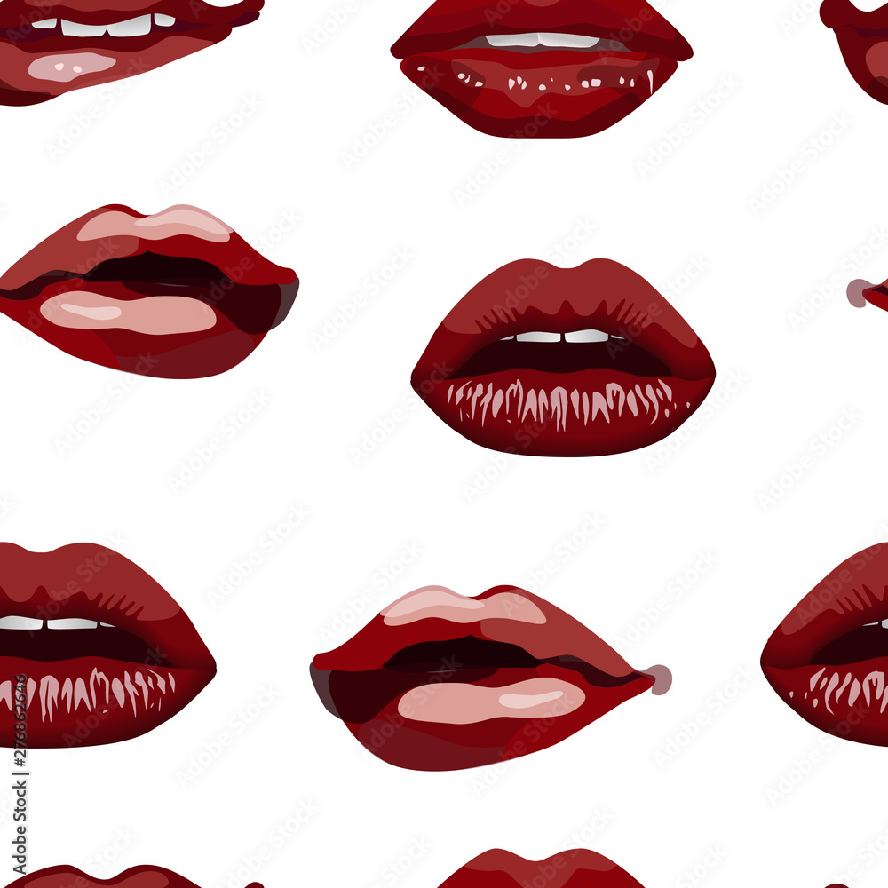 Fototapeta Seamless pattern of female dark red attractive lips. Lips with slightly parted teeth, lips with an open mouth, biting the lower lip, lips with a straw in the mouth on a white background. vector