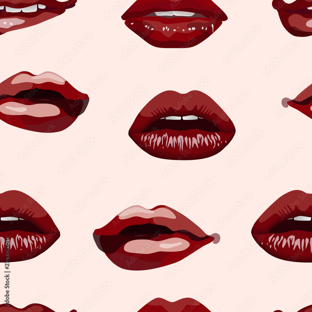 Fototapeta Seamless pattern of female dark red attractive lips. Lips with slightly parted teeth, lips with an open mouth, biting the lower lip, lips with a straw in the mouth on a light pink background