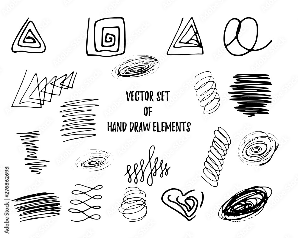 Set of ink hand draw elements square, triangle, circle, heart, spots, spiral, loop, scribble. Vector llustration Set of ink hand draw elements square, triangle, circle, heart, spots, spiral, loop, scribble. Vector llustration