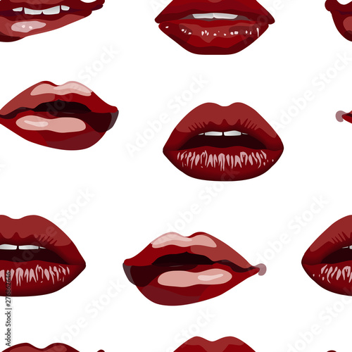 Seamless pattern of female dark red attractive lips. Lips with slightly parted teeth, lips with an open mouth, biting the lower lip, lips with a straw in the mouth on a white background. vector