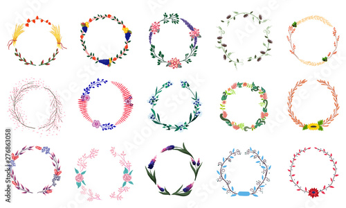 set of autumn and flower wreaths from fantastic plants. Bright multicolored vector collection on a white background. Can be used for wedding invitations, banners, cards, posters, scrapbooking, web BG.