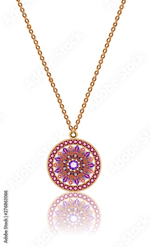 illustration of gold pendant with precious stones on white background with reflection