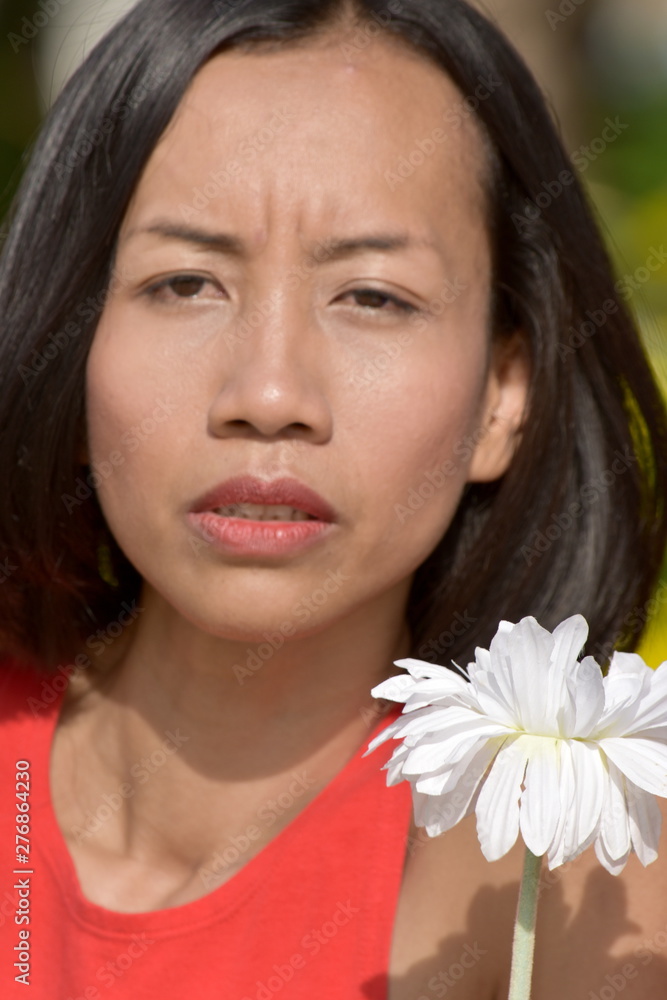 Unhappy Asian Adult Female With A Flower Unhappy Asian Adult Female With A Flower