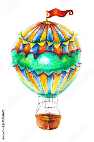 Freehand drawing with pencils. Flying balloon on a white background. Isolated object. The idea of the design of balloons. Bright children cartoon pencil drawing