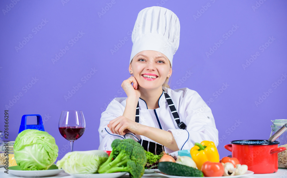 Girl adorable chef teach culinary. Best culinary recipes to try at home. Homemade food tips. Turn ingredients into delicious meal. Culinary skills. Woman chef wear hat apron near table ingredients Girl adorable chef teach culinary. Best culinary recipes to try at home. Homemade food tips. Turn ingredients into delicious meal. Culinary skills. Woman chef wear hat apron near table ingredients