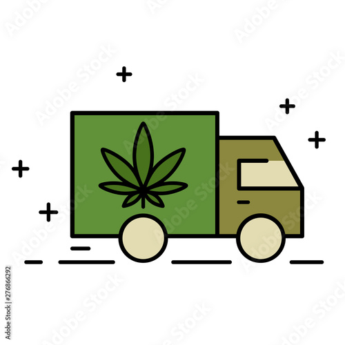Delivery cannabis. Illustration of a delivery truck icon with a marijuana leaf. Drug consumption, marijuana use. Marijuana Legalization. Isolated vector illustration on white background.