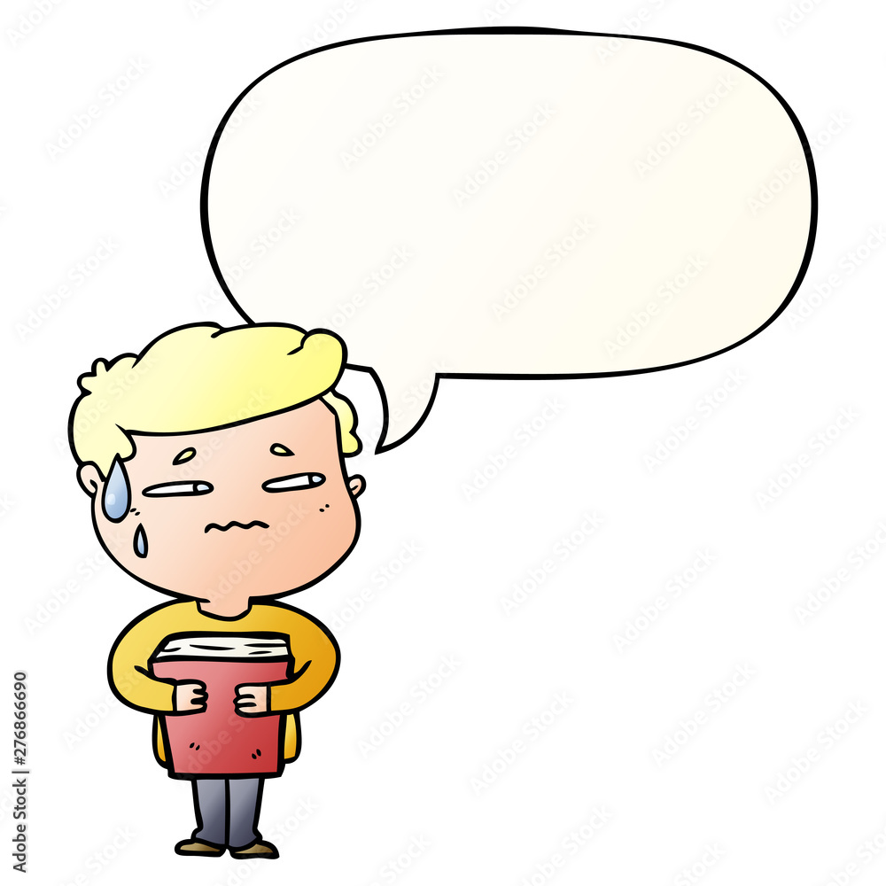 cartoon anxious boy carrying book and speech bubble in smooth gradient style cartoon anxious boy carrying book and speech bubble in smooth gradient style