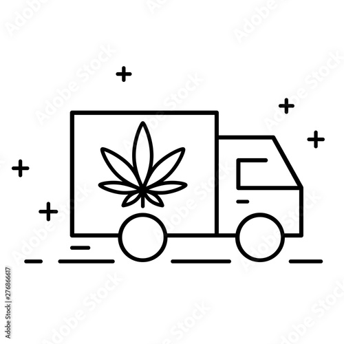 Delivery cannabis. Illustration of a delivery truck icon with a marijuana leaf. Drug consumption, marijuana use. Marijuana Legalization. Isolated vector illustration on white background.