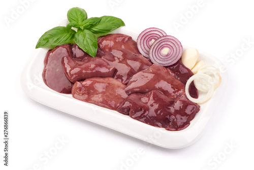 Raw Chicken livers, ingredients for cooking, fresh eco food, close-up, isolated on white background