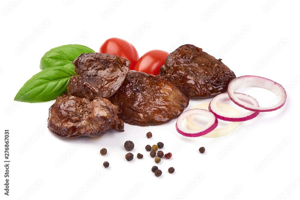 Fried Chicken liver, baked livers, close-up, isolated on white background Fried Chicken liver, baked livers, close-up, isolated on white background
