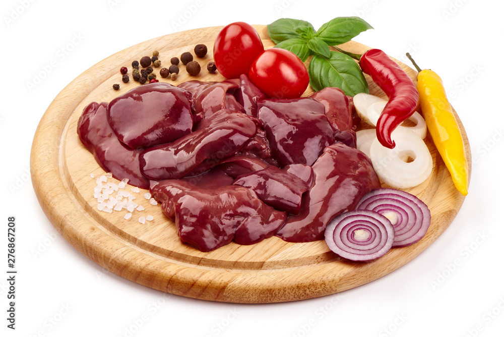 Raw Chicken livers on a cutting board, Fresh offal, close-up, isolated on white background