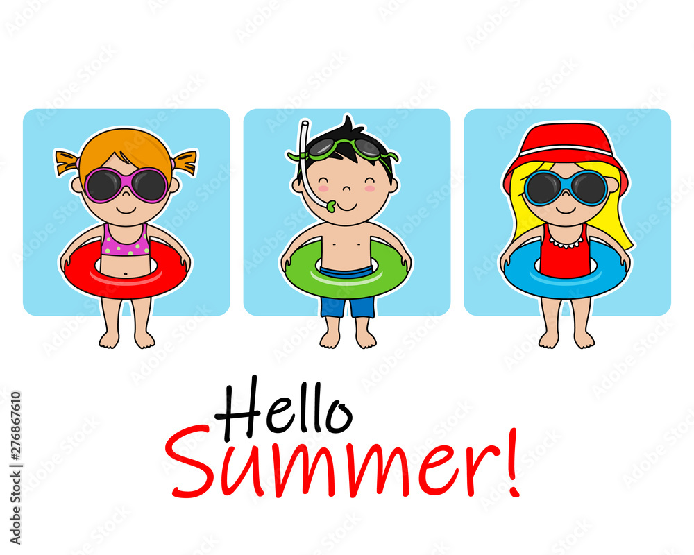 Cute children with swimsuit and float. Isolated vector