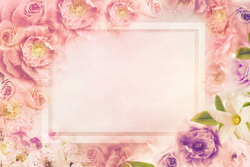 beautiful vintage roses flower frame greeting card for wedding invitation and valentine with copy space   