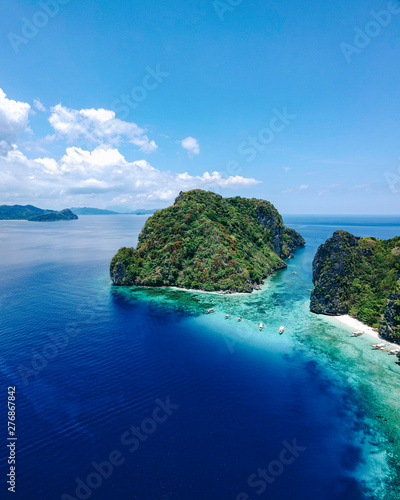 Aerial landscape shot of Shimizu Island in El Nido, Palawan, Philippines