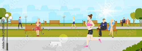 Woman running in the park Vector flat style. Nature summer background, people...