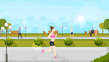 Woman running in the park Vector flat style. Nature summer background, people sitting on the chairs. Sport healthy lifestyle concepts