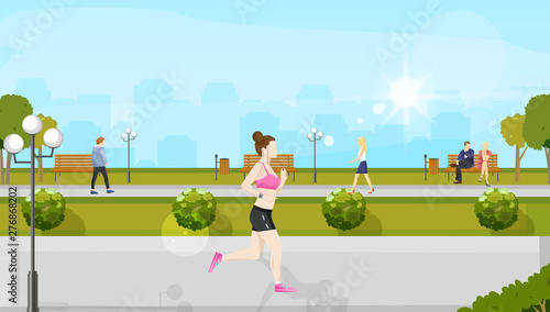 Woman running in the park Vector flat style. Nature summer background, people...